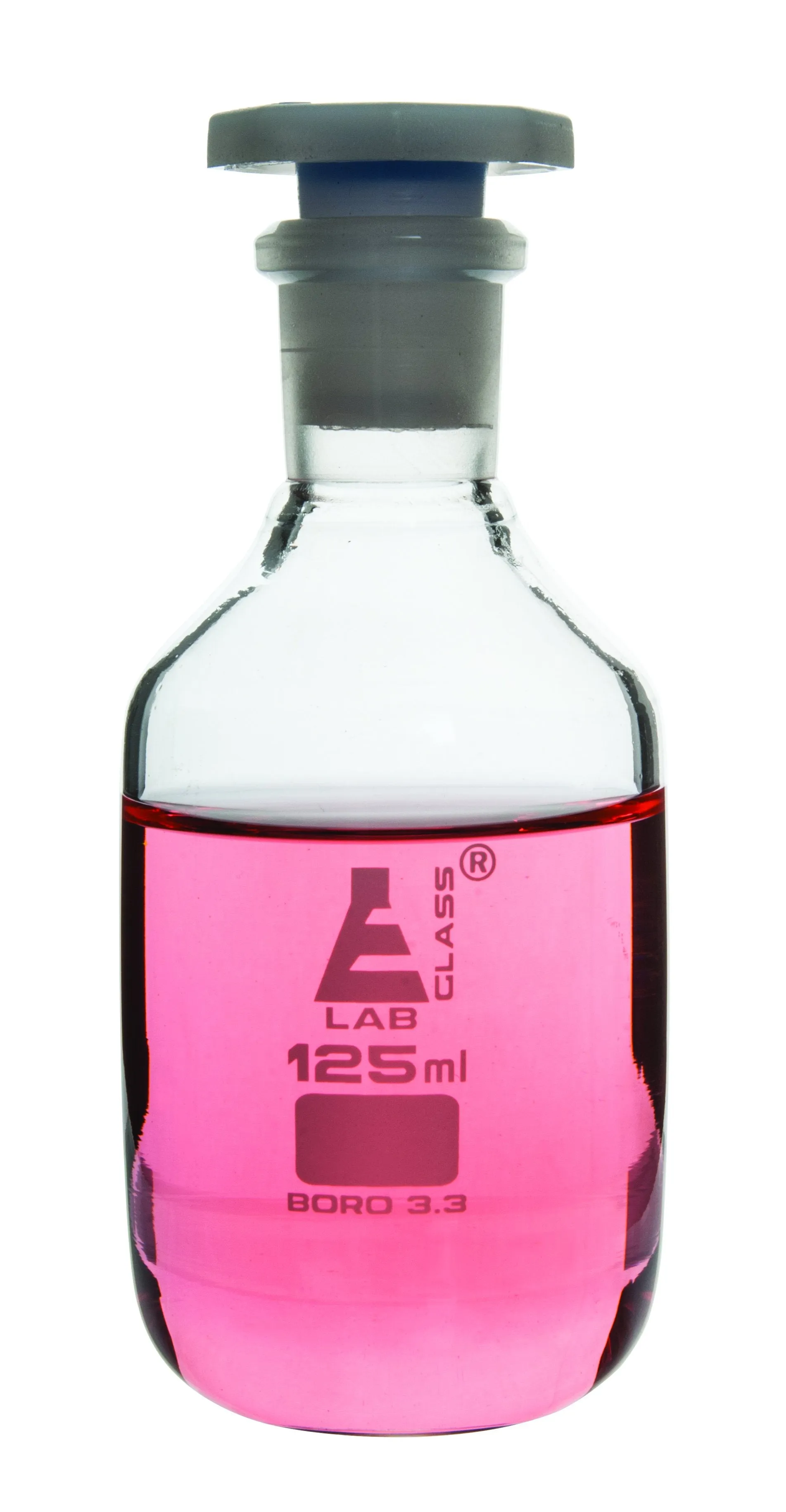 125mL (4.2oz) Glass Reagent Bottle with Acid Proof Polypropylene Stopper, Borosilicate 3.3 Glass - Eisco Labs