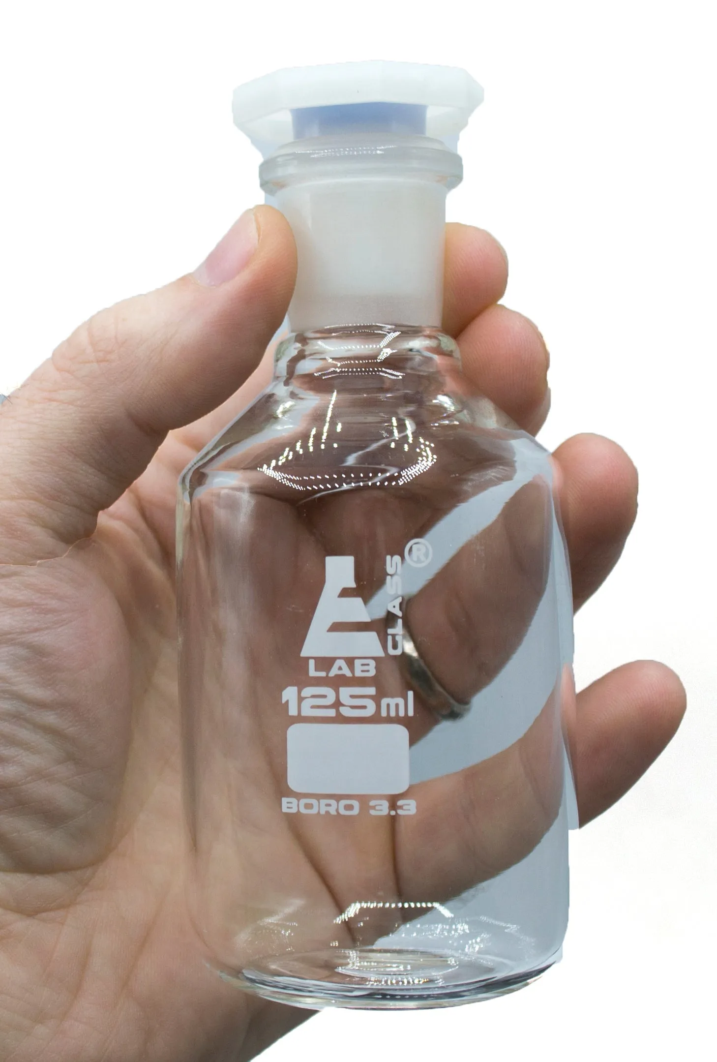 125mL (4.2oz) Glass Reagent Bottle with Acid Proof Polypropylene Stopper, Borosilicate 3.3 Glass - Eisco Labs