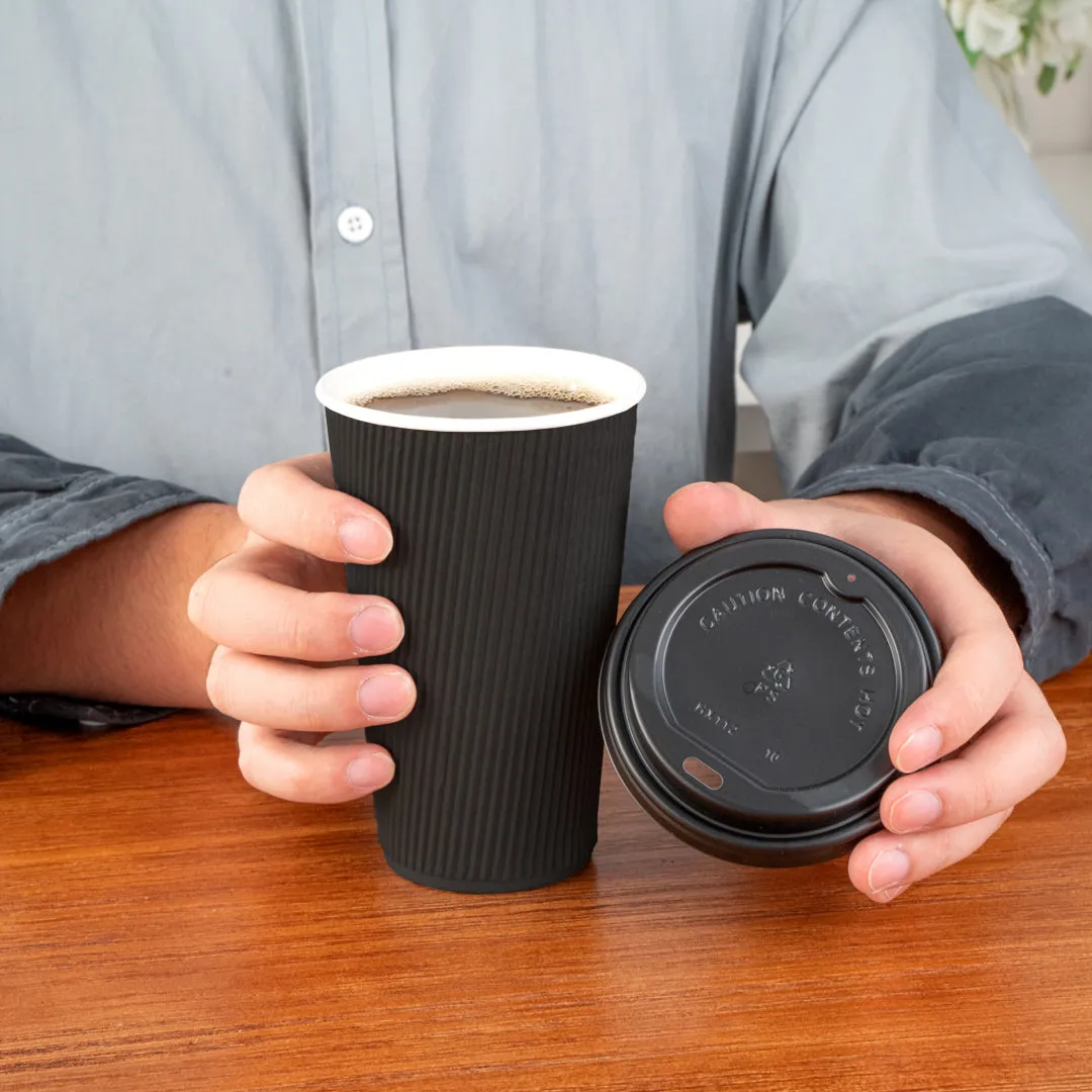 16 oz Black Paper Ripple Wall Coffee Cup - with Black Lid - 3 1/2" x 3 1/2" x 6 1/4" - 20 count box