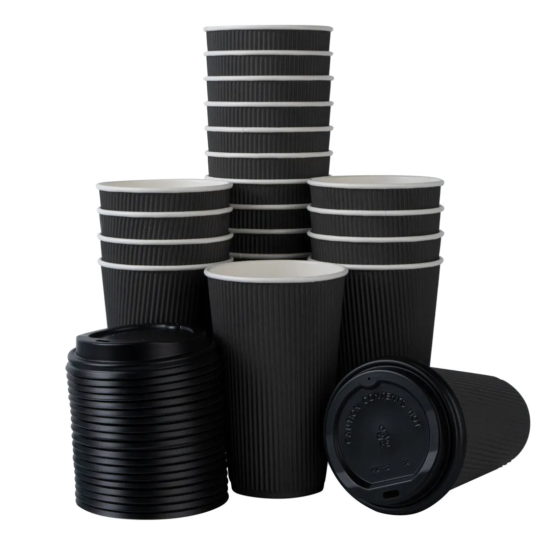 16 oz Black Paper Ripple Wall Coffee Cup - with Black Lid - 3 1/2" x 3 1/2" x 6 1/4" - 20 count box