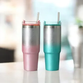 2-Tone Glitter Thermos Flask 900ml Textured with Straw Vacuum Insulated