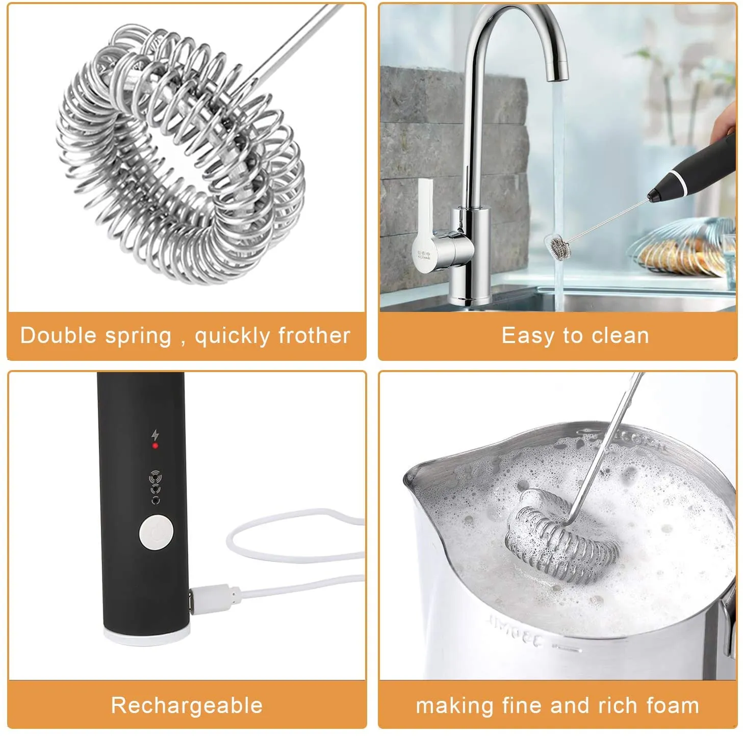 3-Speed Black Rechargeable Milk Frother Handheld, USB