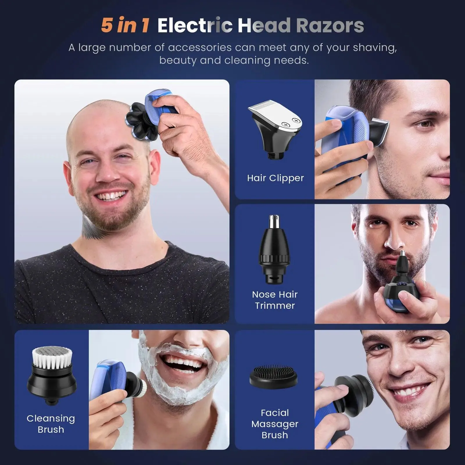 5 in 1 Electric Head Shaver for Bald Men 7D Floating Cutter Beard Trimmer Clipper Waterproof Shaving Men Grooming Kit