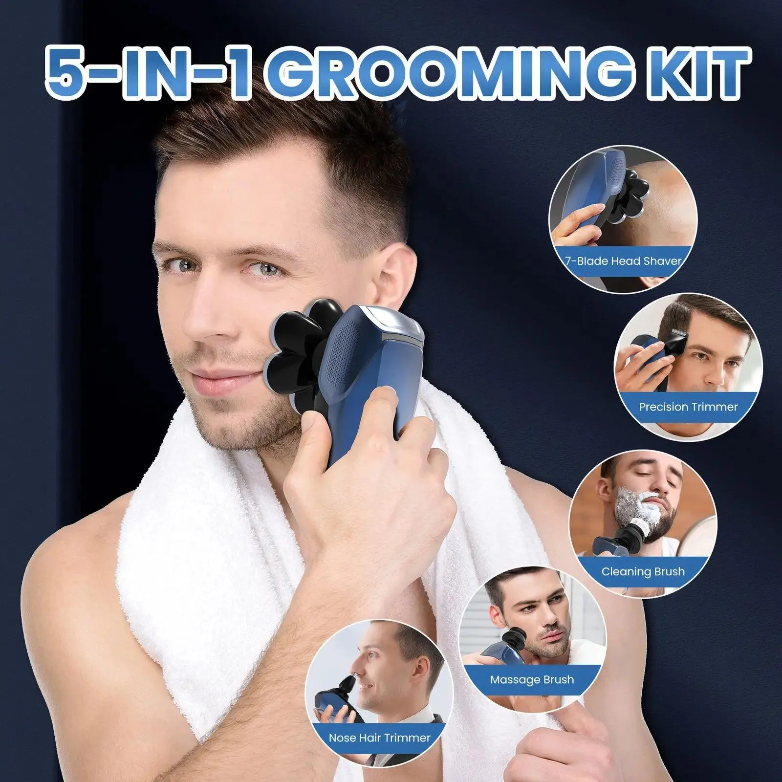 5 in 1 Electric Head Shaver for Bald Men 7D Floating Cutter Beard Trimmer Clipper Waterproof Shaving Men Grooming Kit