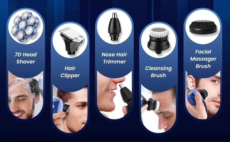 5 in 1 Electric Head Shaver for Bald Men 7D Floating Cutter Beard Trimmer Clipper Waterproof Shaving Men Grooming Kit