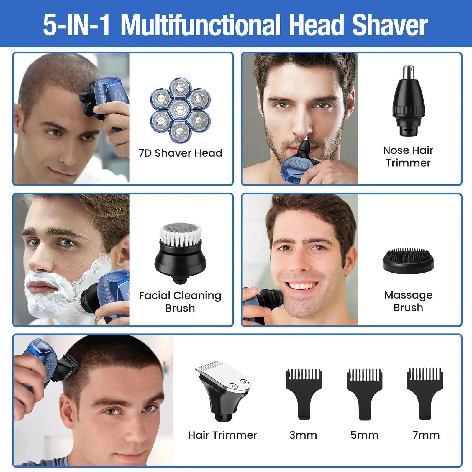 5 in 1 Electric Head Shaver for Bald Men 7D Floating Cutter Beard Trimmer Clipper Waterproof Shaving Men Grooming Kit