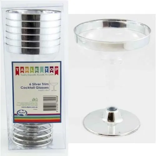 6 Deluxe Metallic Silver Trimmed Plastic Cocktail Glass