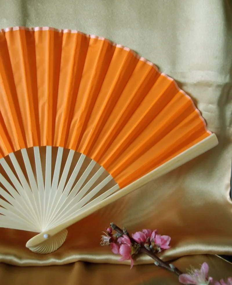 9" Orange Silk Hand Fans for Weddings (10 Pack)