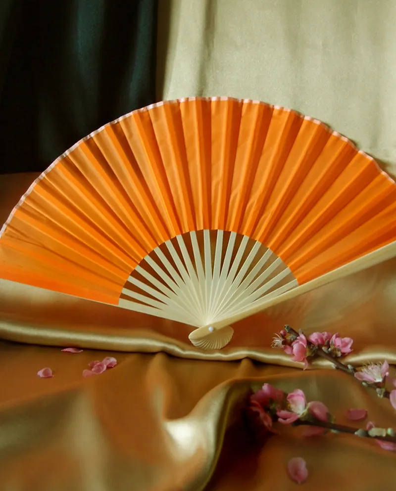 9" Orange Silk Hand Fans for Weddings (10 Pack)