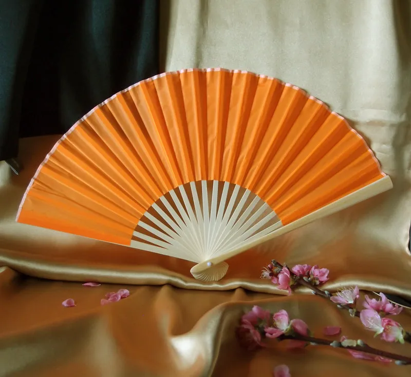 9" Orange Silk Hand Fans for Weddings (10 Pack)