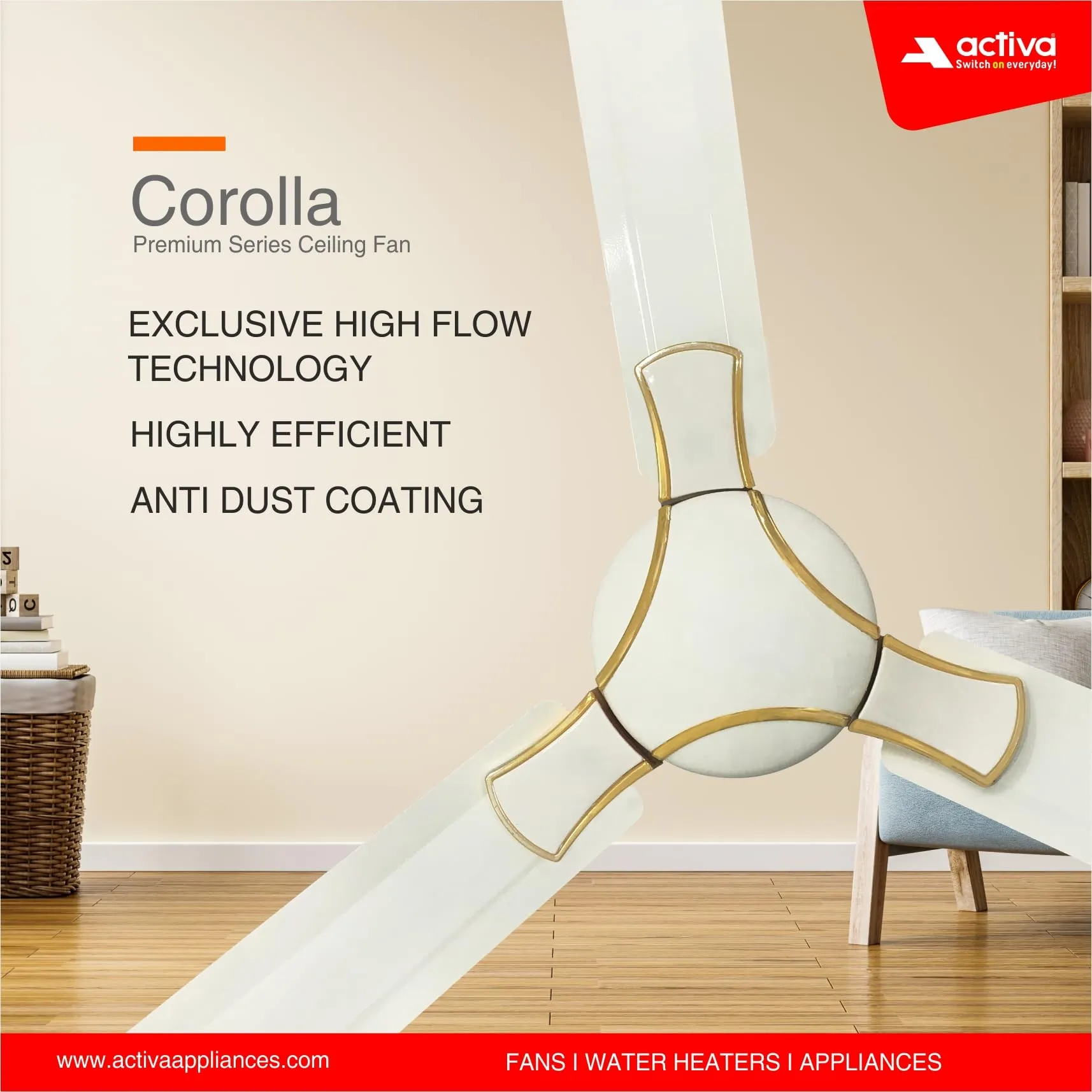 ACTIVA 1200 MM HIGH Speed 390 RPM BEE Approved Anti DUST Coating Pure Copper Corolla Ceiling Fan Pearl Ivory-2 Year Warranty Pack of 2