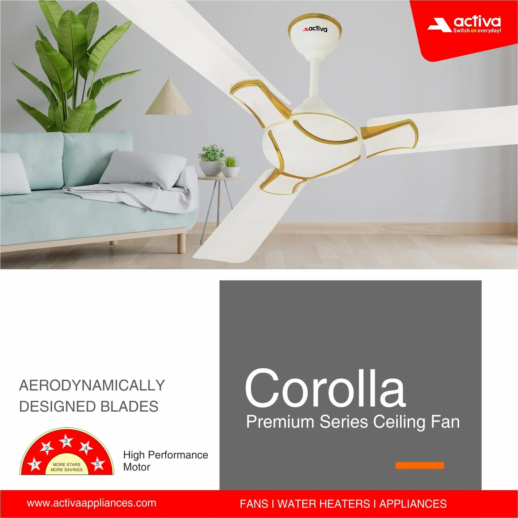 ACTIVA 1200 MM HIGH Speed 390 RPM BEE Approved Anti DUST Coating Pure Copper Corolla Ceiling Fan Pearl Ivory-2 Year Warranty Pack of 2