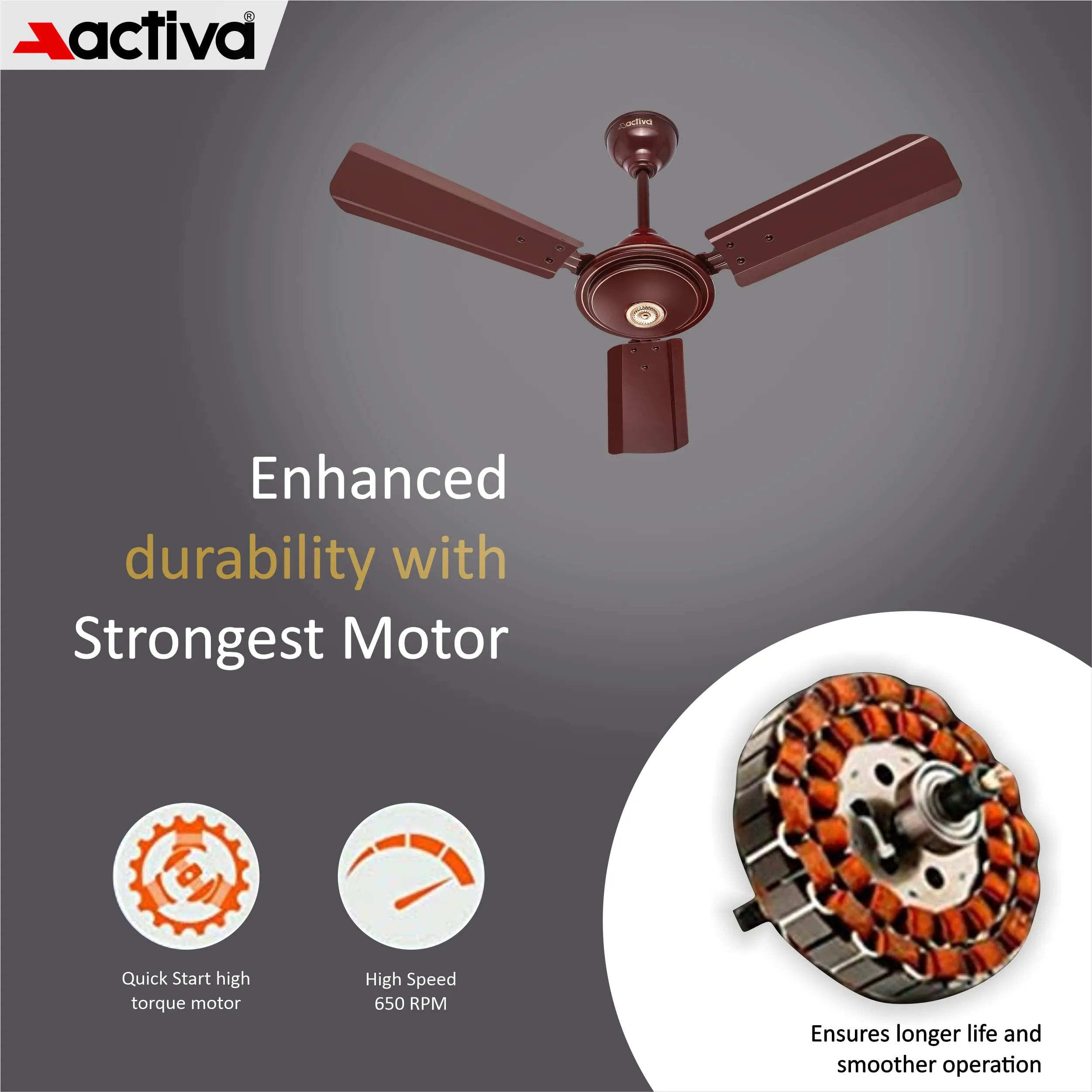 ACTIVA Apsra Brown 900 MM Sweep 650 RPM High Speed (36 INCH) BEE Approved Ceiling Fan with 2 Years Warranty