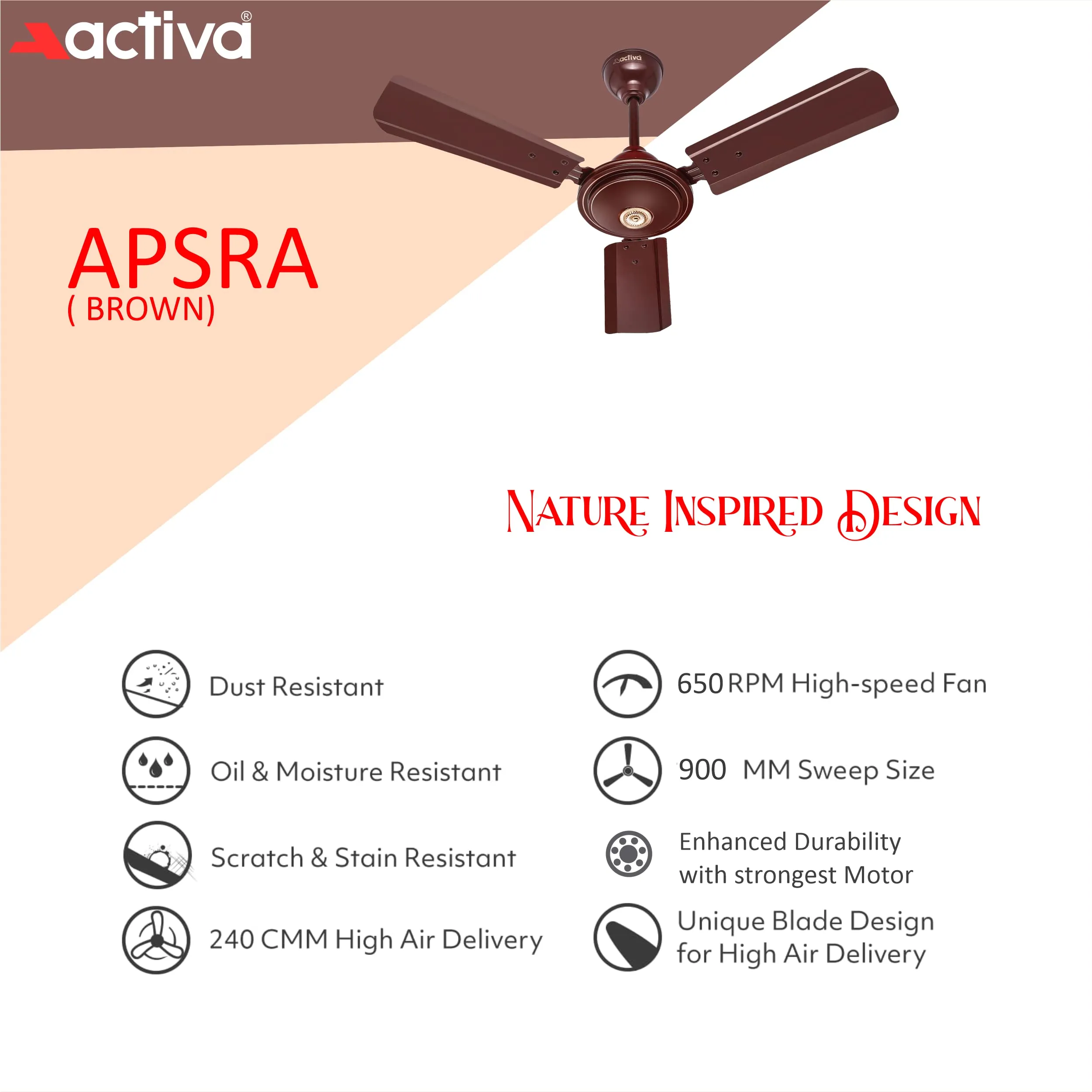 ACTIVA Apsra Brown 900 MM Sweep 650 RPM High Speed (36 INCH) BEE Approved Ceiling Fan with 2 Years Warranty