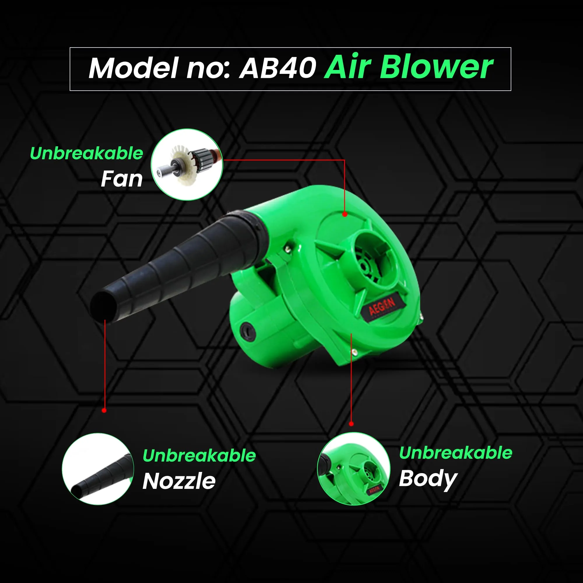 AEGON Ab40 Made in India Multipurpose Nylon Electric Air Blower for Home/Office/Car/Pc/Computer Dust/Garage/Patio/Garden Leaf/Trash Cleaning (350W, 2.3 m3/min, 13000 RPM, Green)