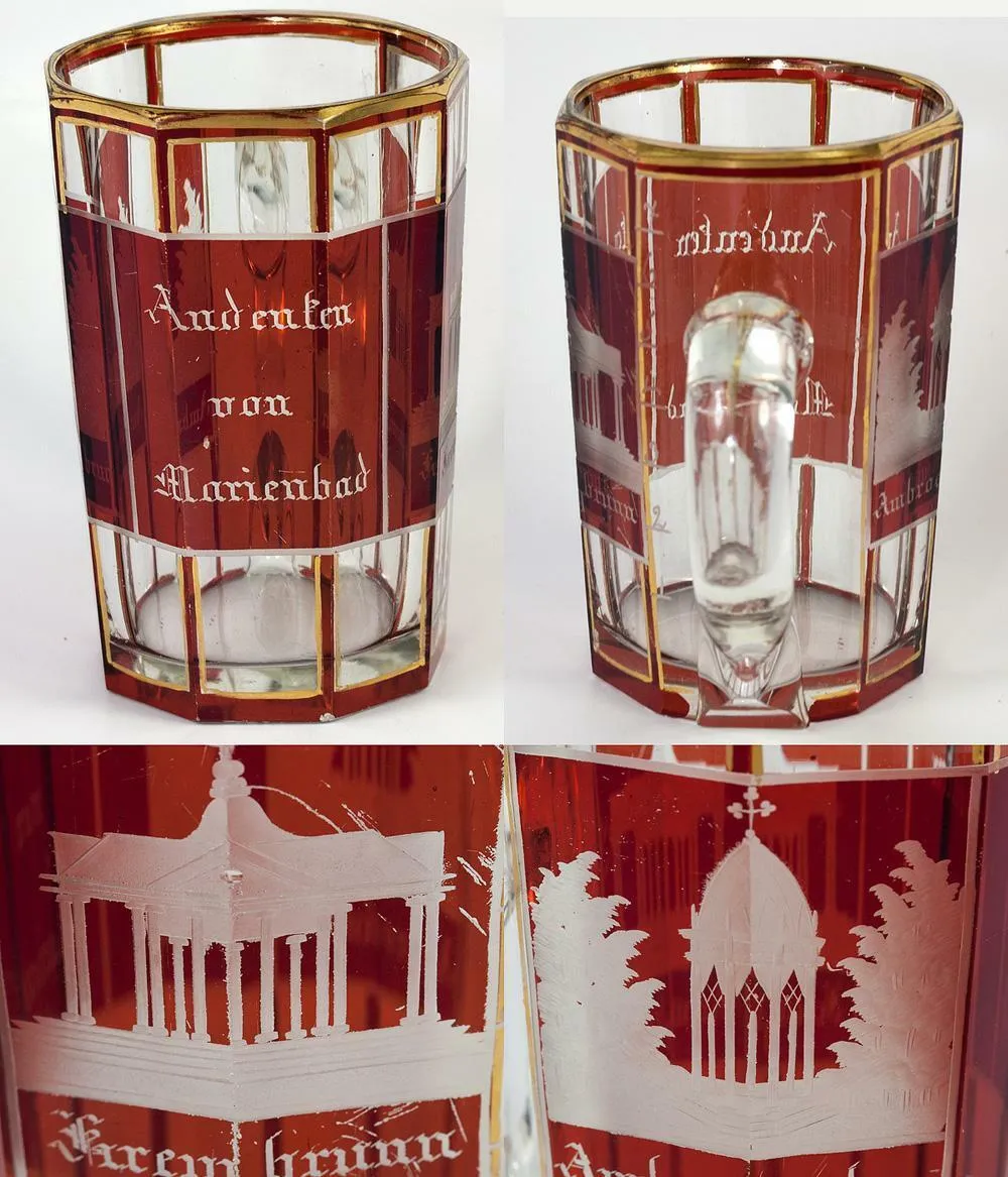 Antique Bohemian Ruby Glass Spa Souvenir Mug or Stein, "Andenken von Marienbad"