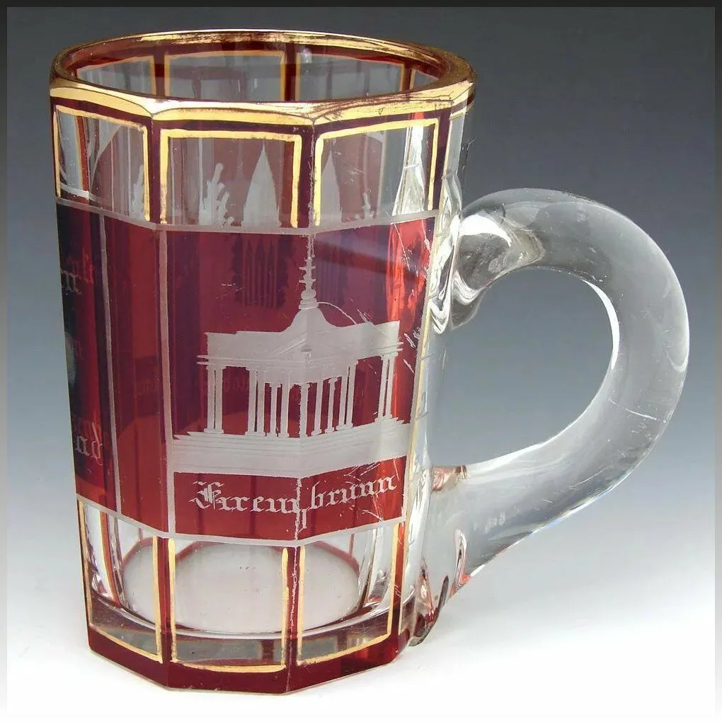 Antique Bohemian Ruby Glass Spa Souvenir Mug or Stein, "Andenken von Marienbad"