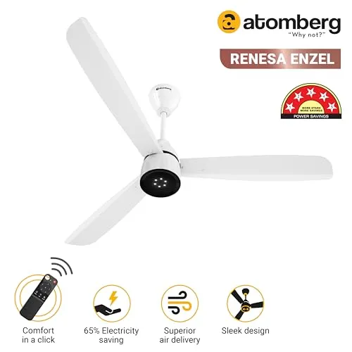 atomberg Renesa Enzel 1200mm BLDC Motor 5 Star Rated Sleek Ceiling Fans with Remote | Upto 65% Energy Saving | 1 1 Year Warranty (Gloss White)