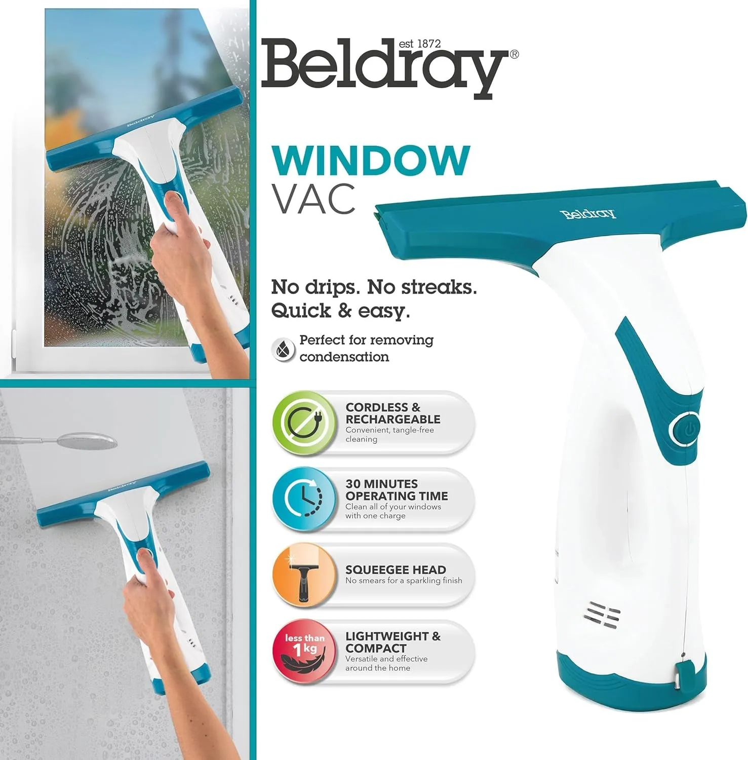 BEL0749 Cordless Window Vac – Condensation Vacuum For Windows, Mirrors, Showers, Rechargeable, Squeegee Head, Streak-Free Cleaning, 60ml Water Tank, Lightweight, 30 Minutes Use On One Charge