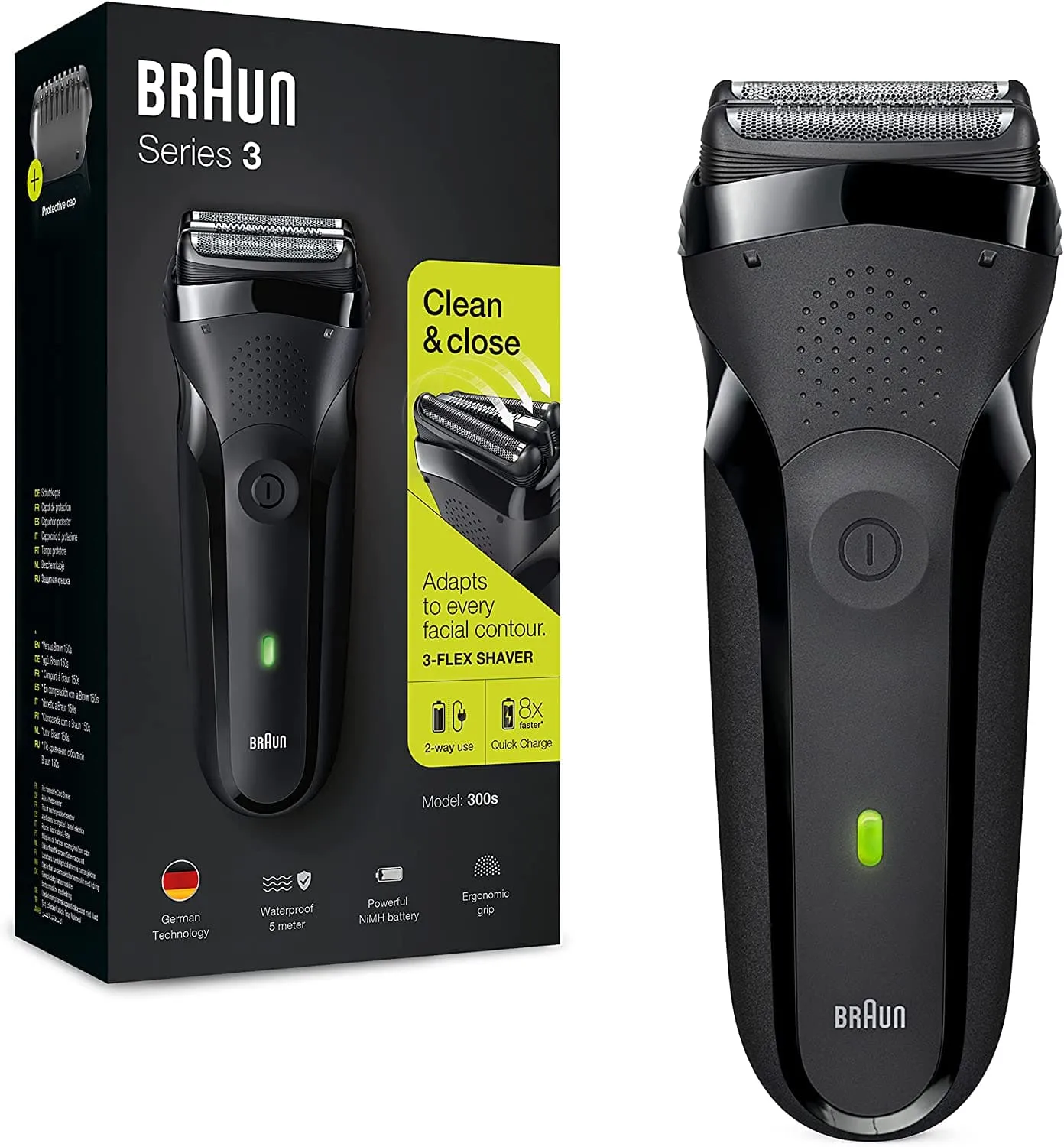 Braun Series 3 300 Electric Shaver for Men - Rechargeable, Cordless, 3 Flexible Blades, UK 2-Pin Plug, Black