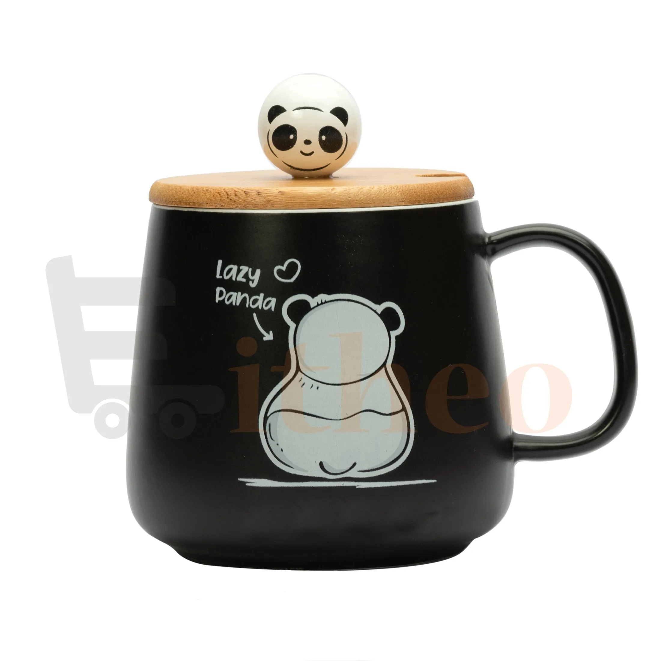 Cute Lazy Panda Coffee Mug with a Lid and a Stainless Spoon- Black