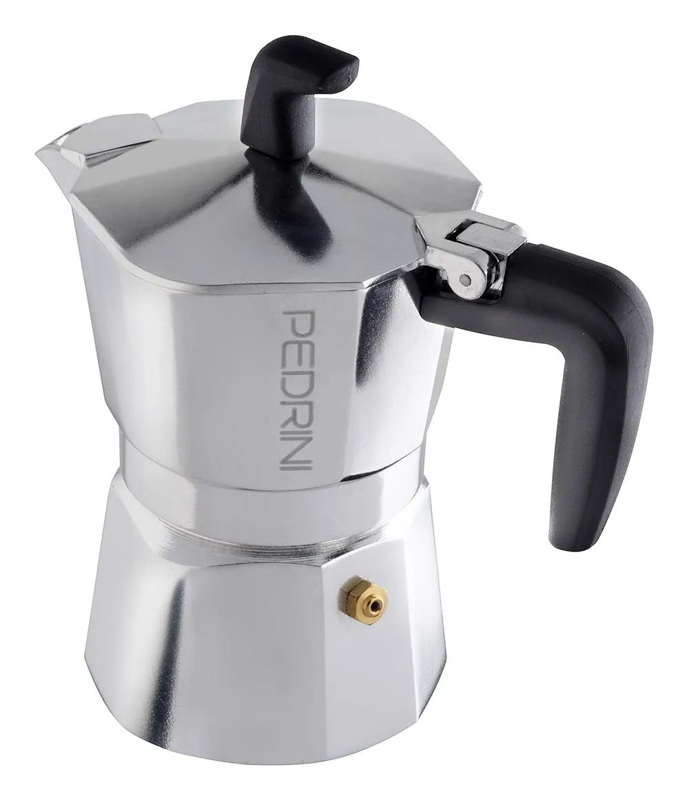 Espresso Coffee Maker Moka Pot: PEDRINI ITALY Sei Moka Polished Aluminium Stovetop Espresso Maker- Chrome and Black, available in 4 sizes