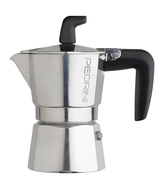 Espresso Coffee Maker Moka Pot: PEDRINI ITALY Sei Moka Polished Aluminium Stovetop Espresso Maker- Chrome and Black, available in 4 sizes