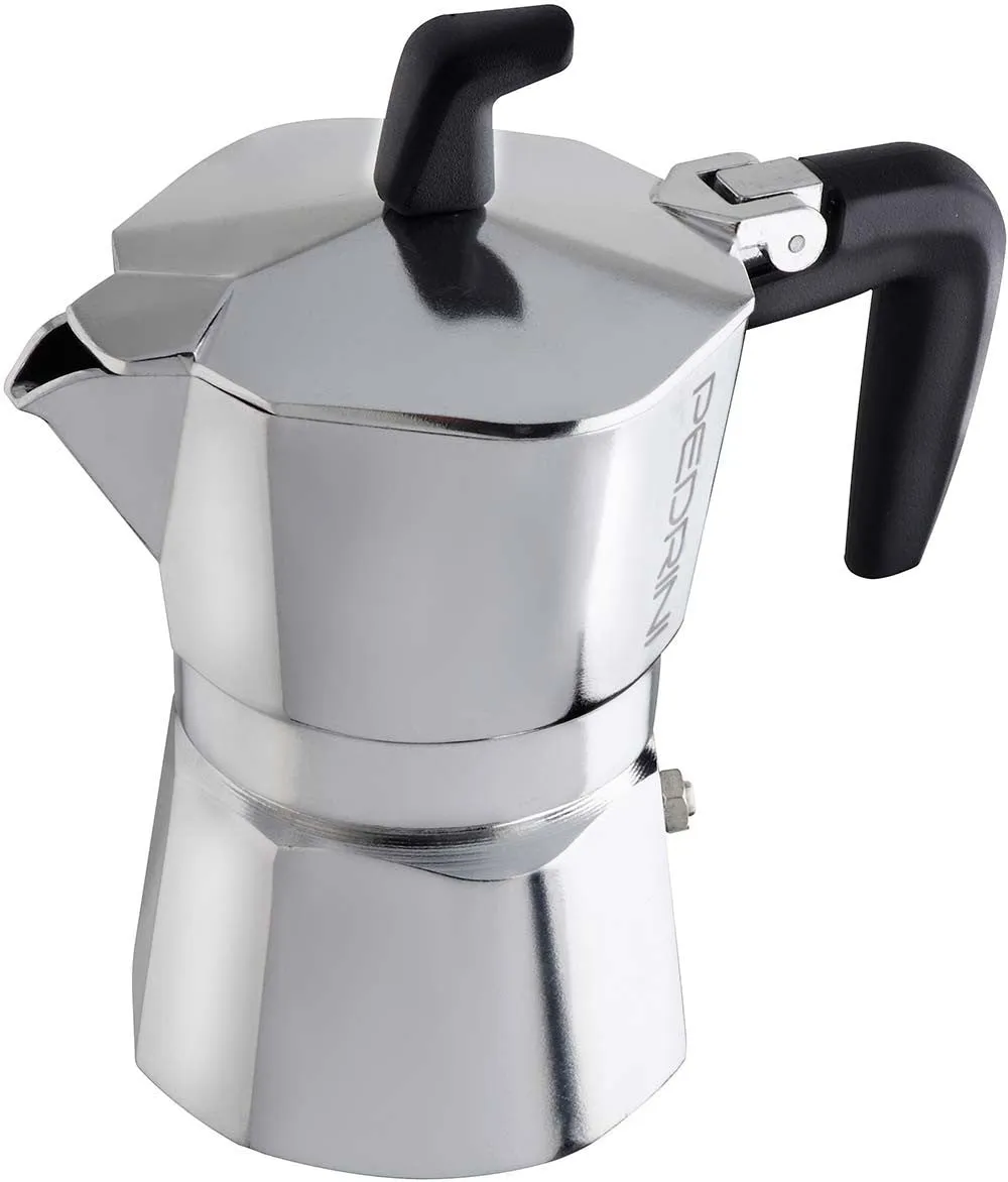 Espresso Coffee Maker Moka Pot: PEDRINI ITALY Sei Moka Polished Aluminium Stovetop Espresso Maker- Chrome and Black, available in 4 sizes