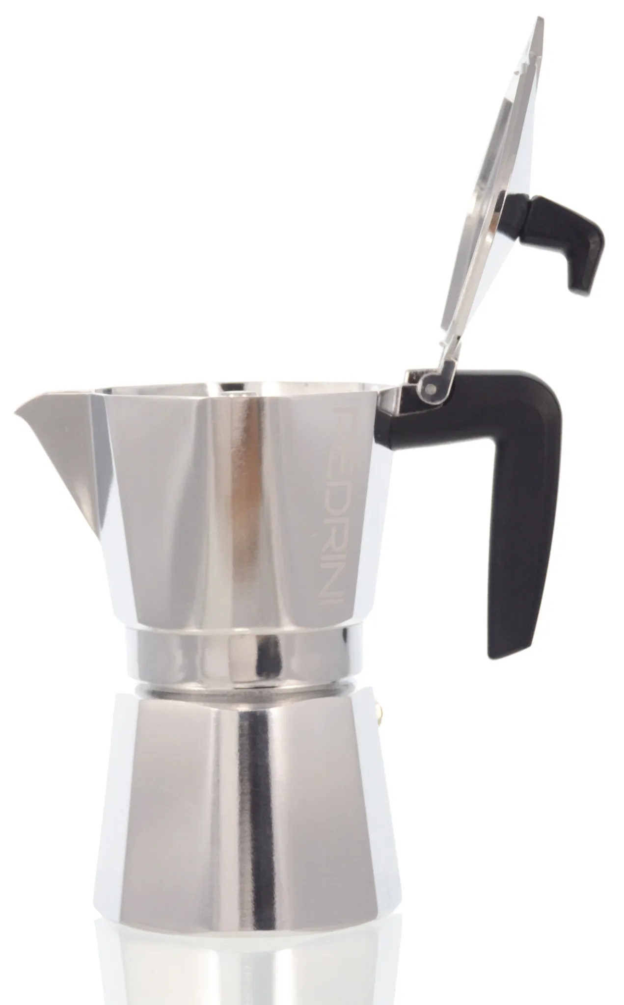 Espresso Coffee Maker Moka Pot: PEDRINI ITALY Sei Moka Polished Aluminium Stovetop Espresso Maker- Chrome and Black, available in 4 sizes