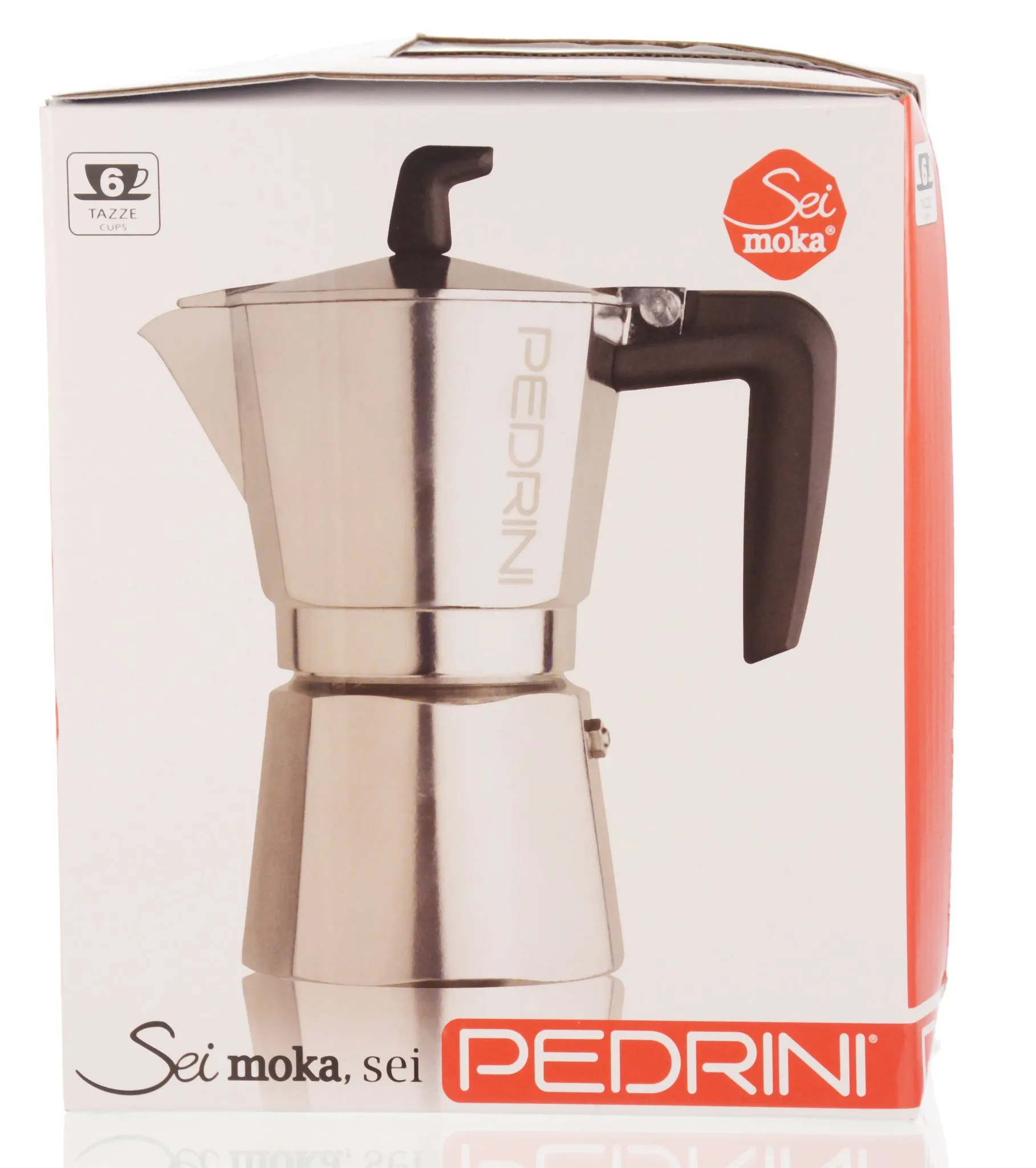 Espresso Coffee Maker Moka Pot: PEDRINI ITALY Sei Moka Polished Aluminium Stovetop Espresso Maker- Chrome and Black, available in 4 sizes