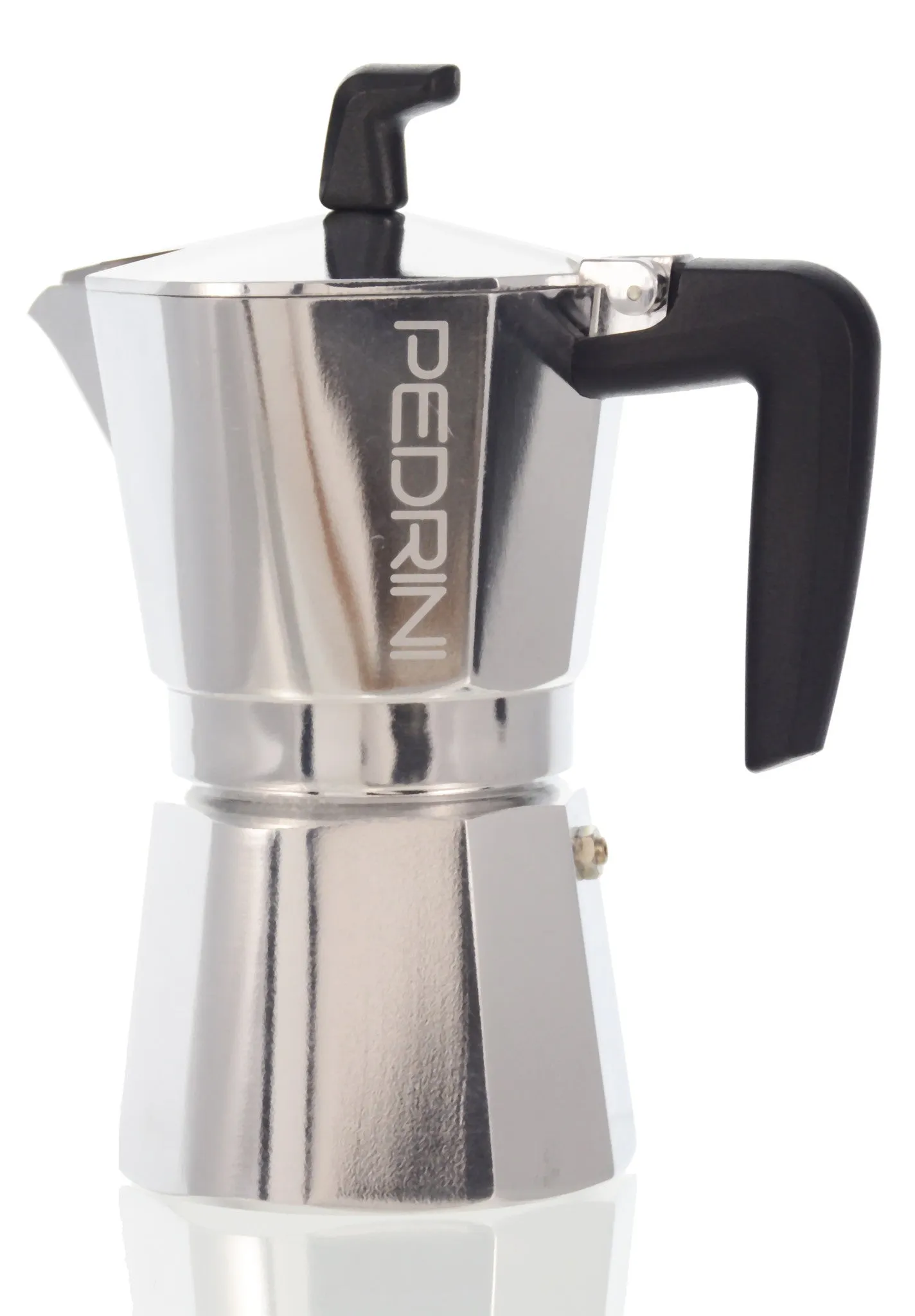 Espresso Coffee Maker Moka Pot: PEDRINI ITALY Sei Moka Polished Aluminium Stovetop Espresso Maker- Chrome and Black, available in 4 sizes