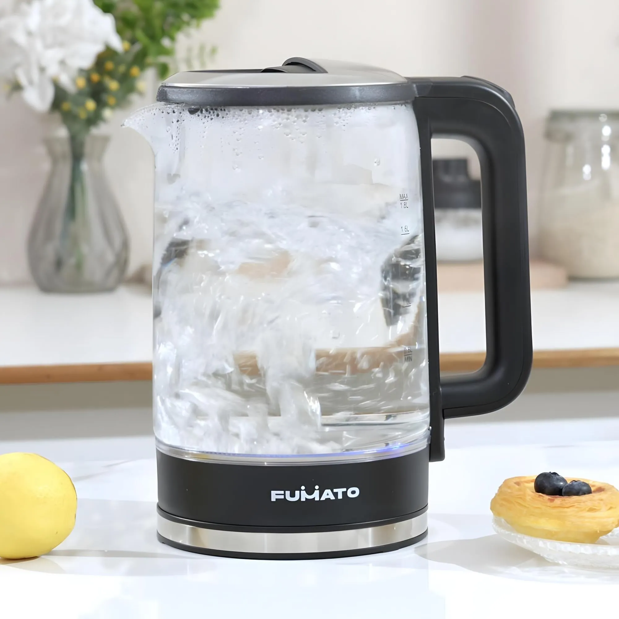 FUMATO 1.8L Glass Kettle Electric- 1500W | Borosilicate Glass Body, Stainless Steel Bottom, Multipurpose, Easy to Clean With LED Indicator, Auto Shut Off With Dry Boil Protection