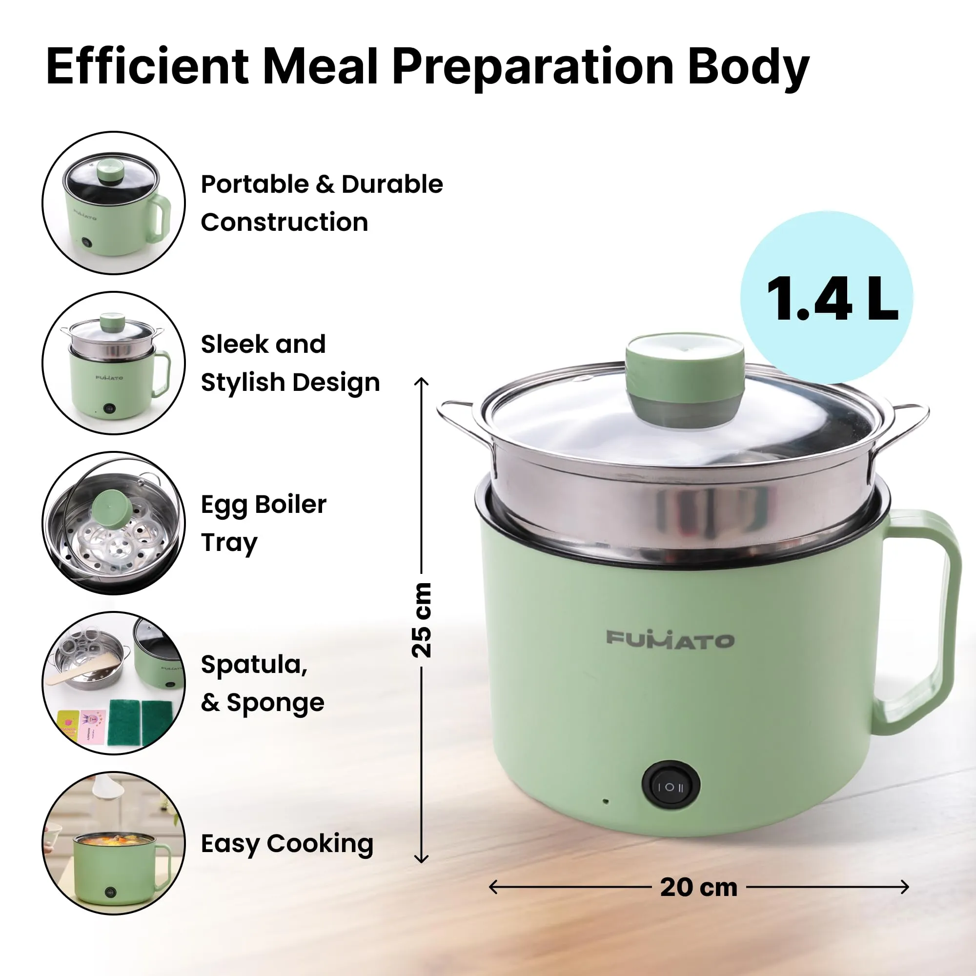 FUMATO Electric Kettle | Multipurpose Adjustable Temperature Settings | Stainless Steel Wide Mouth Transparent Lid | Ideal for Boiling Milk Tea Coffee Eggs & Steaming Veggies | 1.4 Litre Green