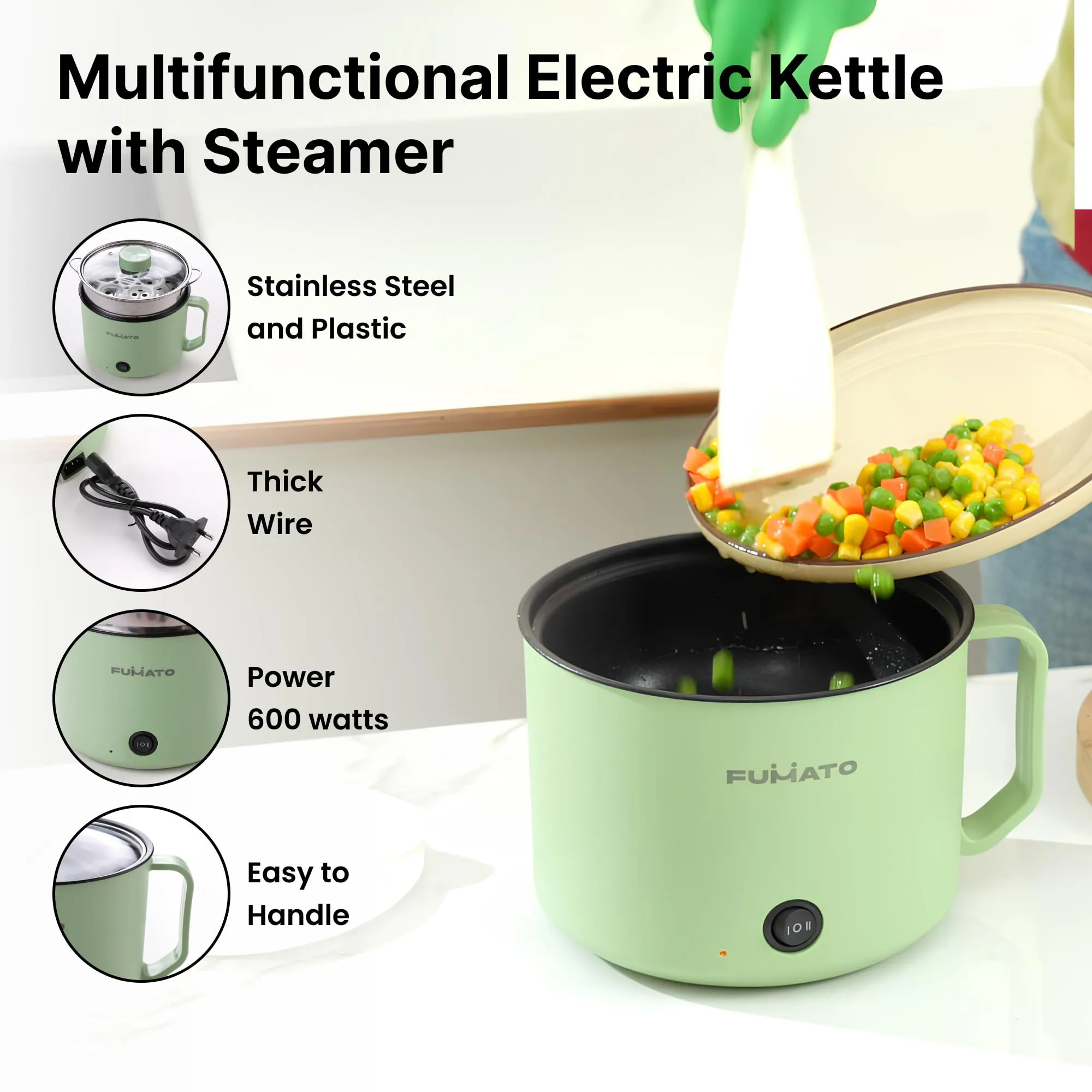 FUMATO Electric Kettle | Multipurpose Adjustable Temperature Settings | Stainless Steel Wide Mouth Transparent Lid | Ideal for Boiling Milk Tea Coffee Eggs & Steaming Veggies | 1.4 Litre Green