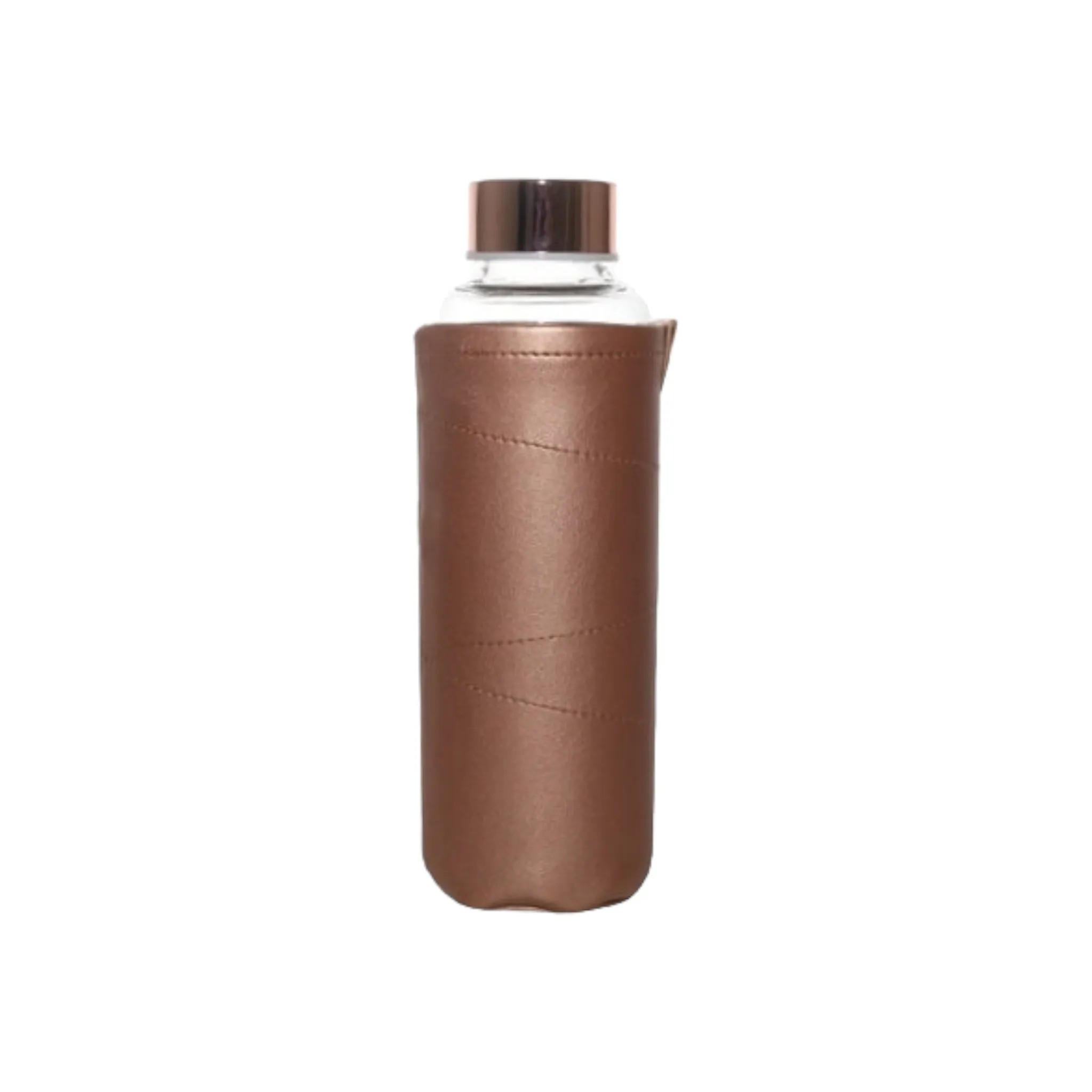 Glass Drinking Bottle Flask 500ml Rose Gold Lid and Leatherette Sleeve 27141