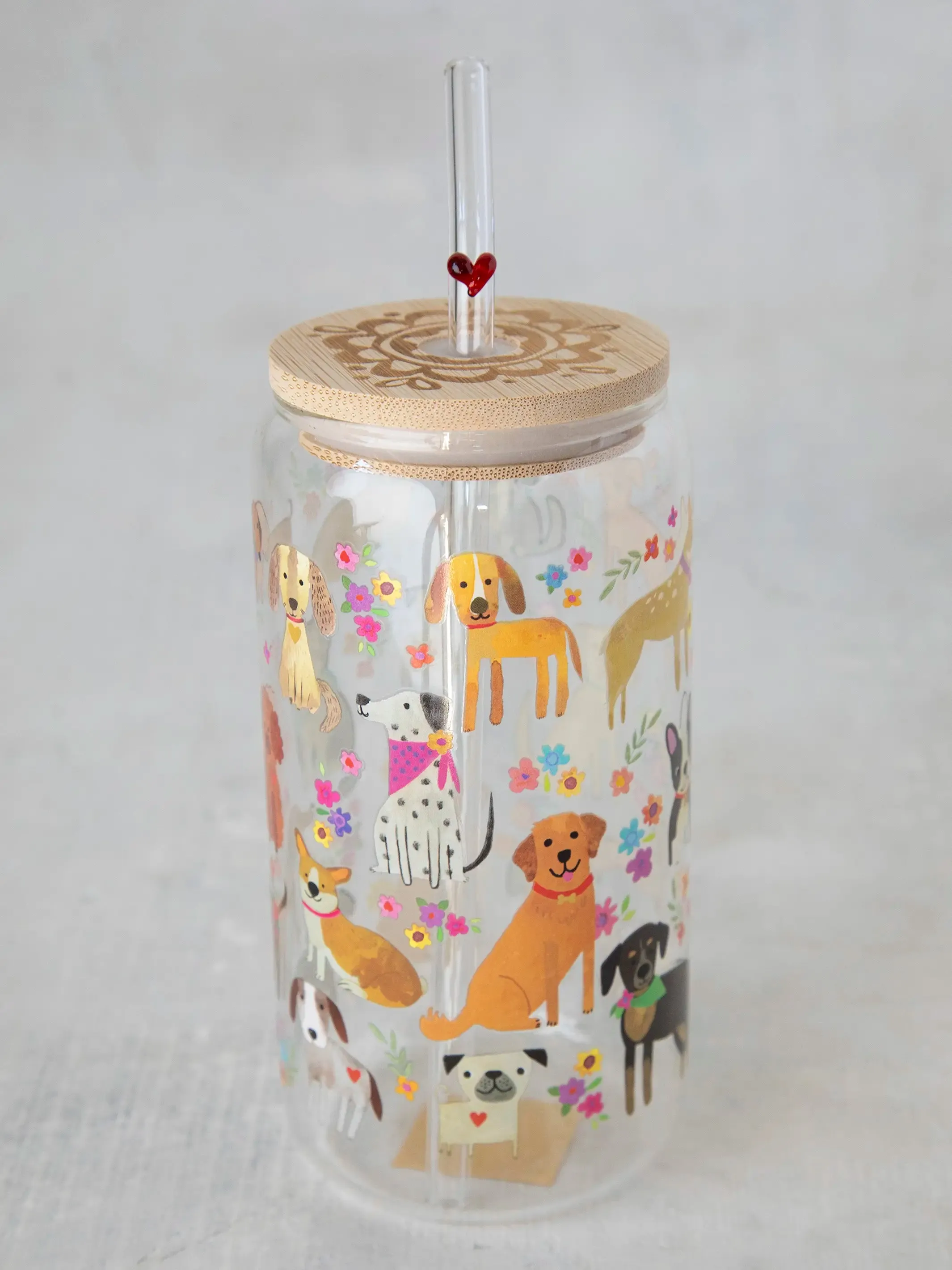 Glass Tumbler With Lid & Straw - Dog