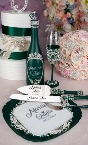 Green with Silver quinceanera brindis package with bottle