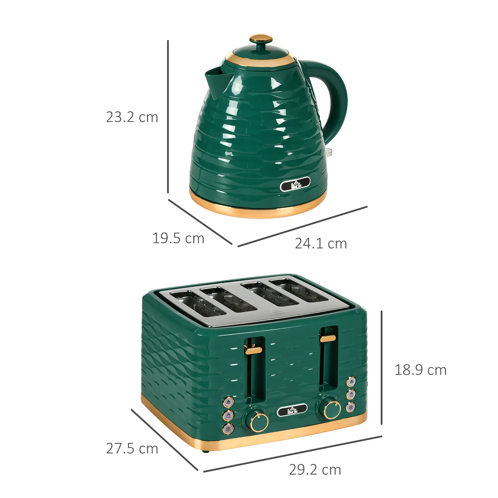 HOMCOM Kettle and Toaster Set 1.7L Rapid Boil Kettle & 4 Slice Toaster Green