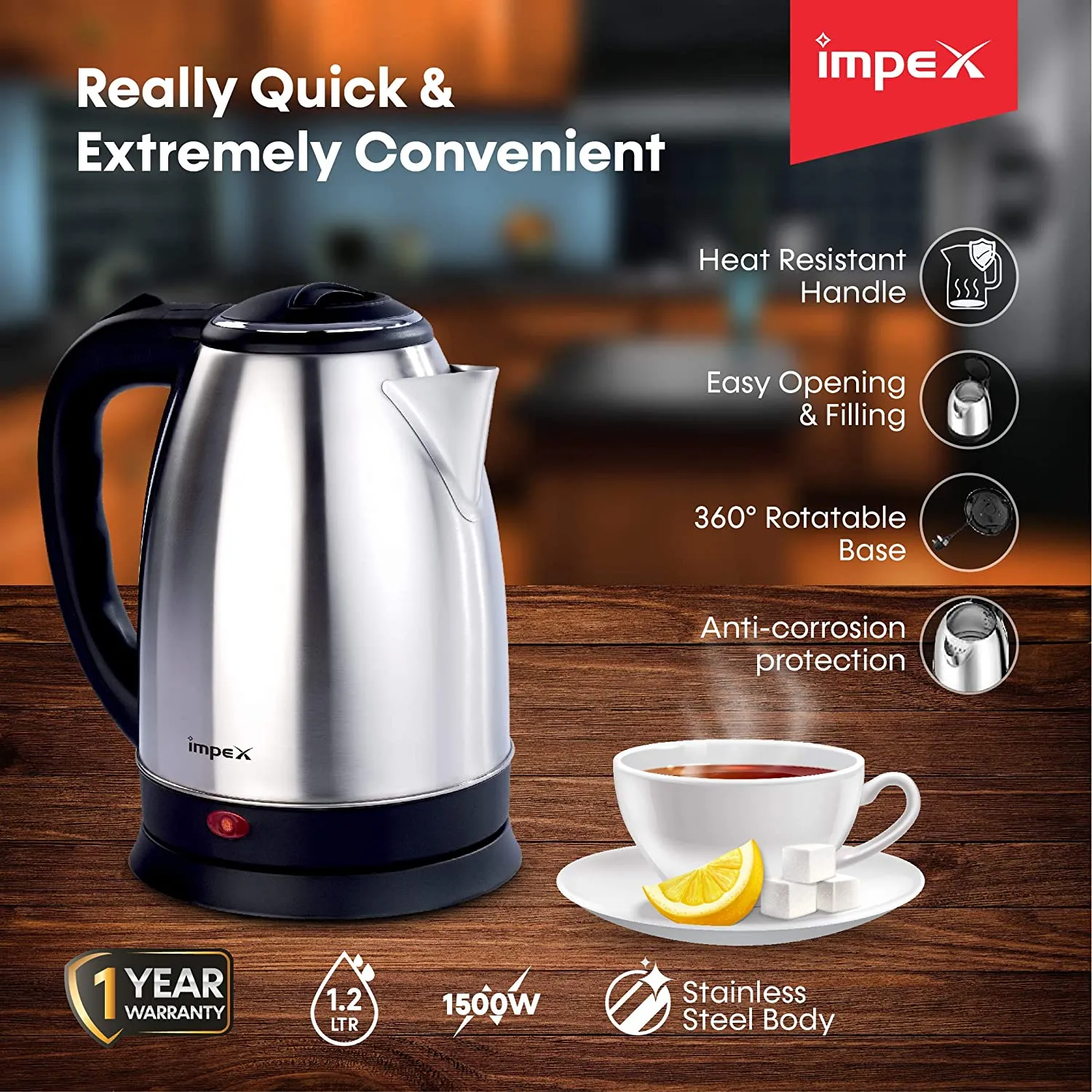 Impex STEAMER 1801 1500W 1.8 Litres Stainless Steel Electric Kettle with Triple Thermostat, Auto off, Silver