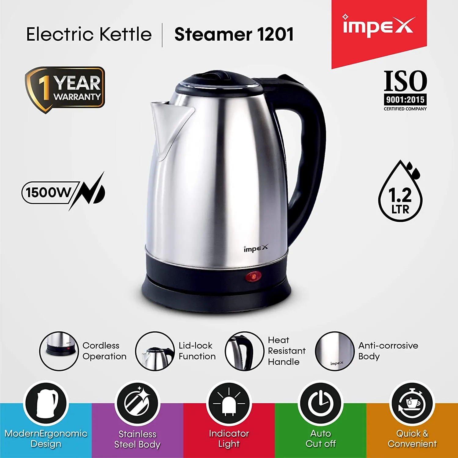 Impex STEAMER 1801 1500W 1.8 Litres Stainless Steel Electric Kettle with Triple Thermostat, Auto off, Silver