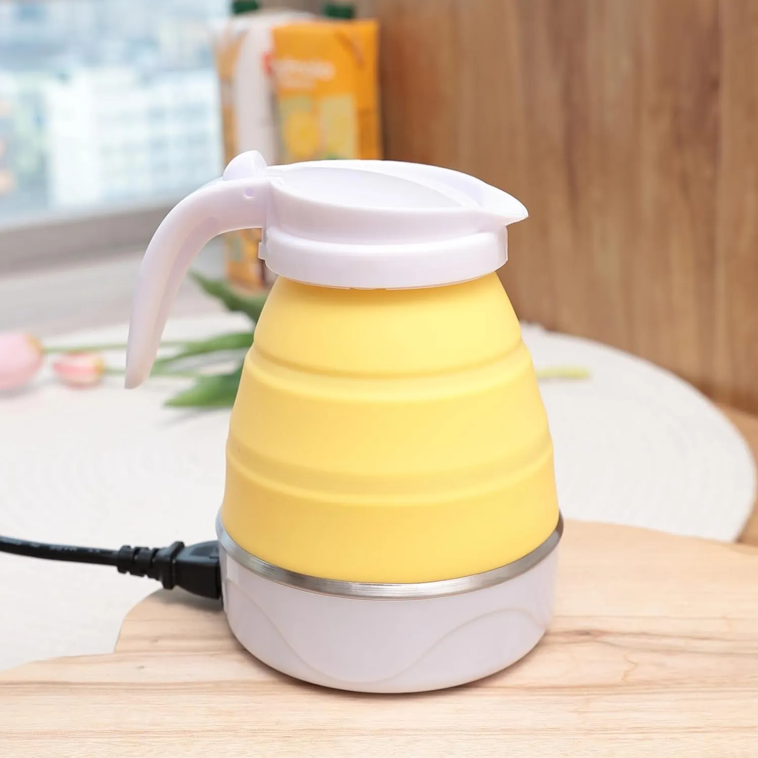 Kuber Industries Pack of 6 Foldable Electric Kettle 600 ML|Silicone Body With 304-Stainless Steel Base|Leak Proof Design|Multipurpose Portable Electric Kettle for Travel, Office & Home|600W|Yellow