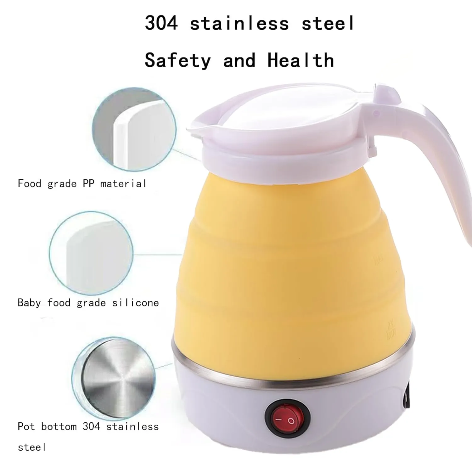 Kuber Industries Pack of 6 Foldable Electric Kettle 600 ML|Silicone Body With 304-Stainless Steel Base|Leak Proof Design|Multipurpose Portable Electric Kettle for Travel, Office & Home|600W|Yellow