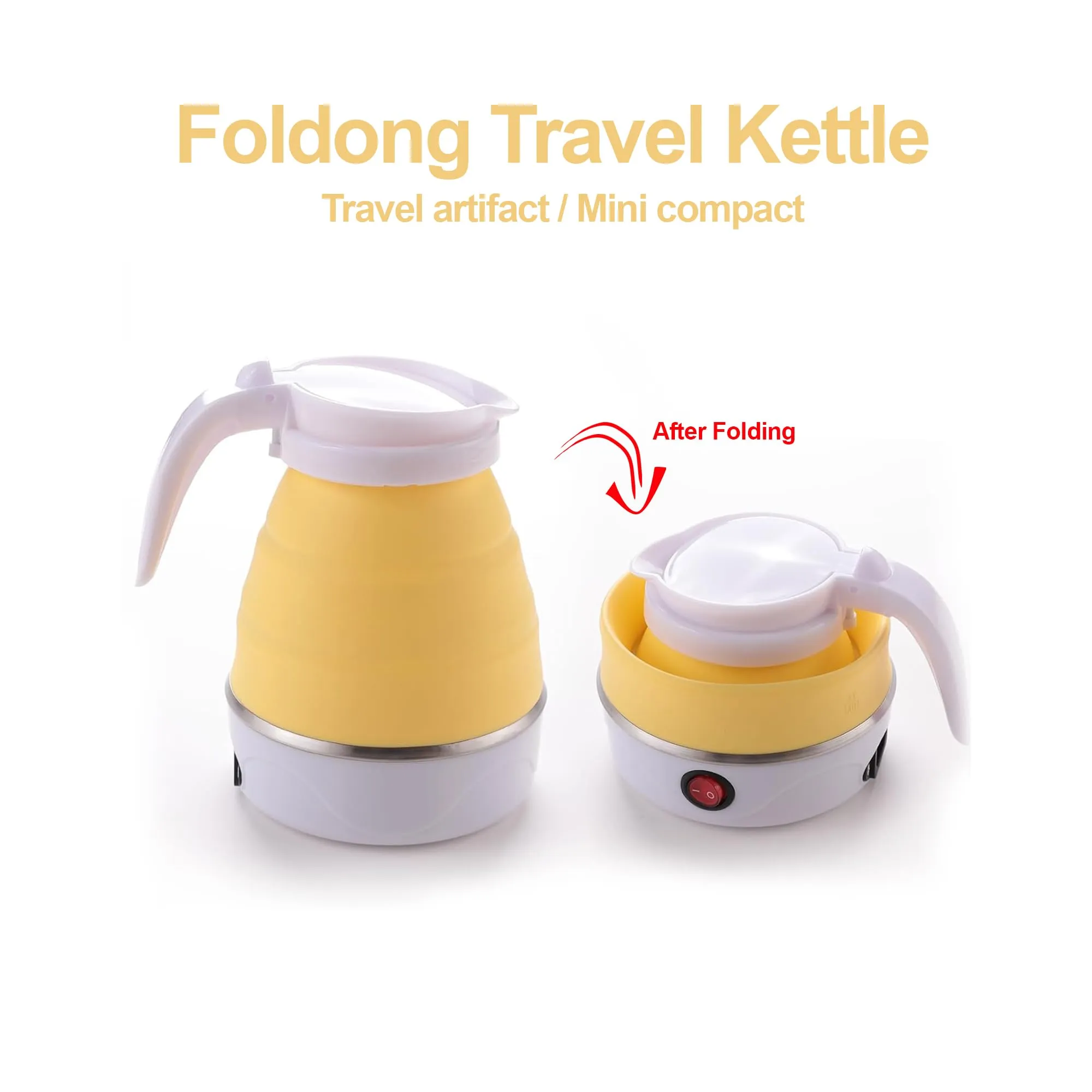 Kuber Industries Pack of 6 Foldable Electric Kettle 600 ML|Silicone Body With 304-Stainless Steel Base|Leak Proof Design|Multipurpose Portable Electric Kettle for Travel, Office & Home|600W|Yellow