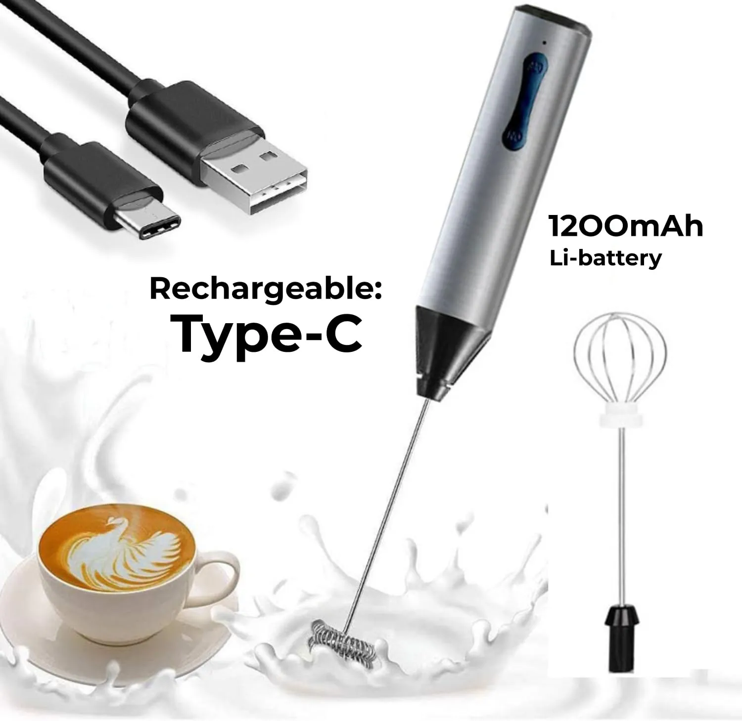 Kuber Industries Rechargeable Electric Frother for Coffee | Easy to Use Egg Beater & Whisker for Kitchen | Milk Frother & Cold Coffee Maker for Home - Silver & Black