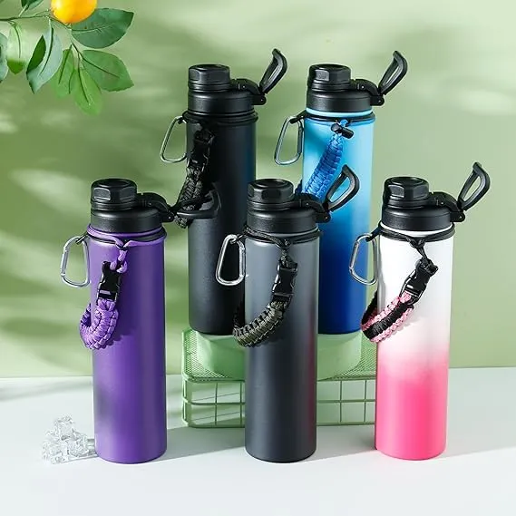 Kuber Industries Water Bottle | Steel Water Bottle for Daily Use | Vacuum Insulated Flask Water Bottle with Rope | Hot & Cold Water Bottle | 720 ML | LX-230602 | Pack of 5 | Purple