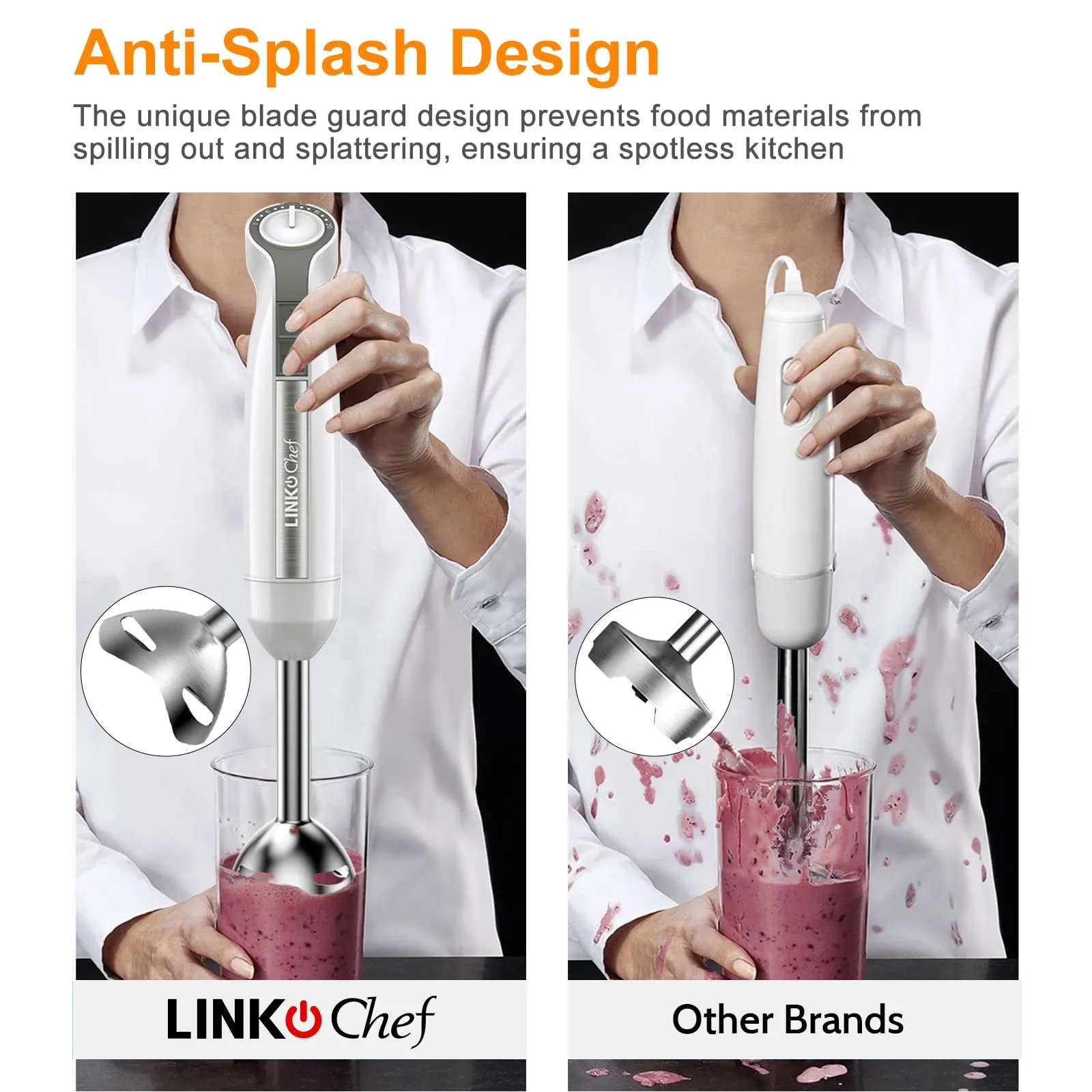 LINKChef HB-1580T-WHT-US 20-Speed 1000W 5-in-1 Immersion Hand Blender, with 600ml Beaker (White)