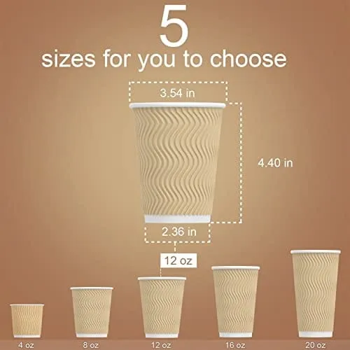 Luckypack Hot Paper Cups_12 oz Disposable Insulated Corrugated Sleeve Ripple Wall Paper Cup for Drink，Hot Coffee Cups （100,12oz Cups） (Brown)