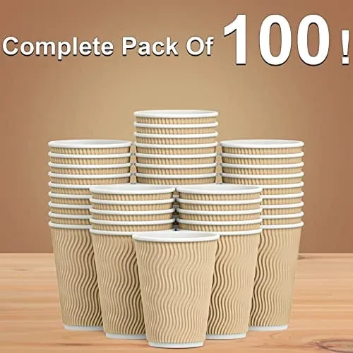 Luckypack Hot Paper Cups_12 oz Disposable Insulated Corrugated Sleeve Ripple Wall Paper Cup for Drink，Hot Coffee Cups （100,12oz Cups） (Brown)