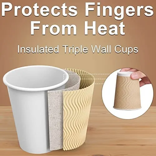 Luckypack Hot Paper Cups_12 oz Disposable Insulated Corrugated Sleeve Ripple Wall Paper Cup for Drink，Hot Coffee Cups （100,12oz Cups） (Brown)