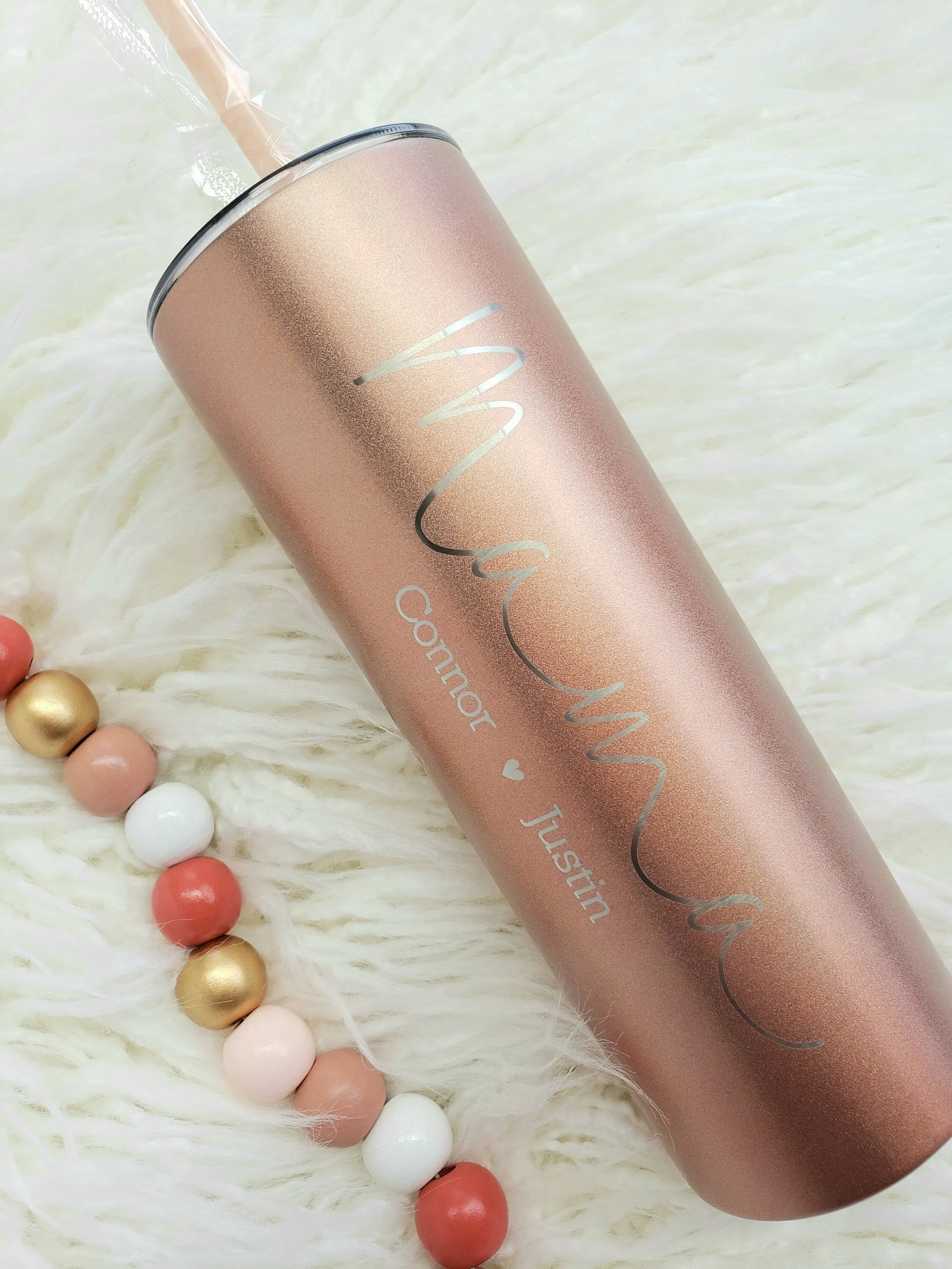 Mama with Kids Names Laser Engraved Matte Blush Tumbler with Straw - Mother's Day Gift